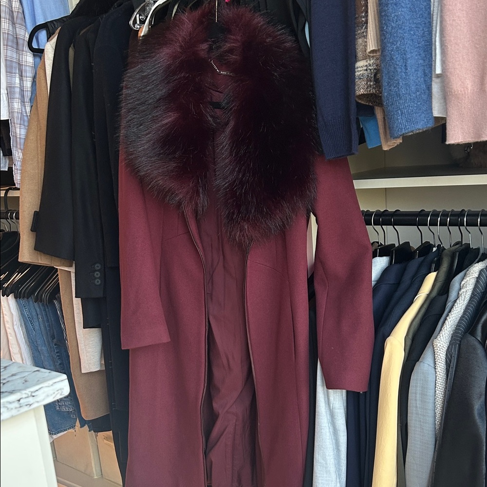White House Black Market Burgundy Coat with Faux Fur Collar